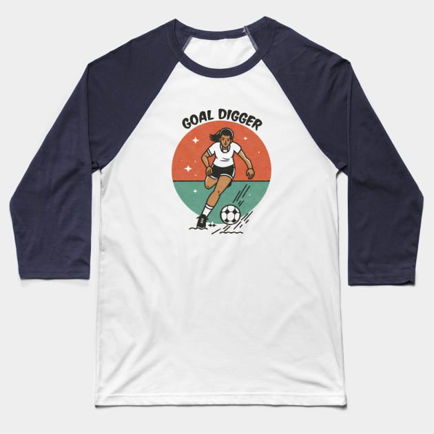 Funny Minimalist Vintage Girl Kicking Football 'Goal Digger' Illustration Baseball T-Shirt by Tecnofa